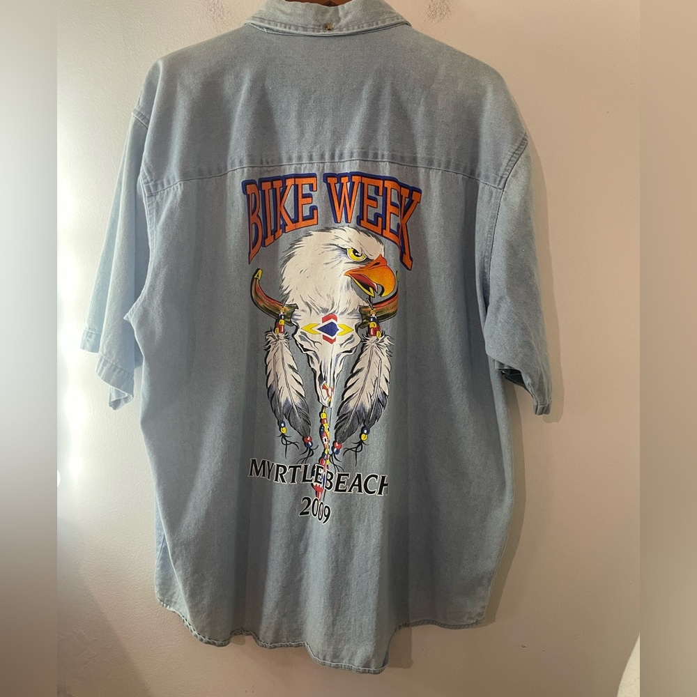 Vintage Bike Light Blue Short-Sleeve Denim Button-Down with large back Graphic